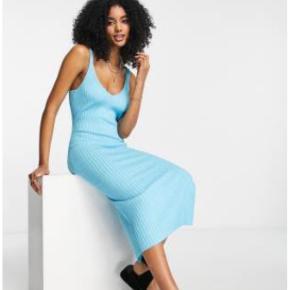 ASOS Design Blue Knit Sleeveless V Neck Cami Ribbed MIDI Dress size 0 (XS)